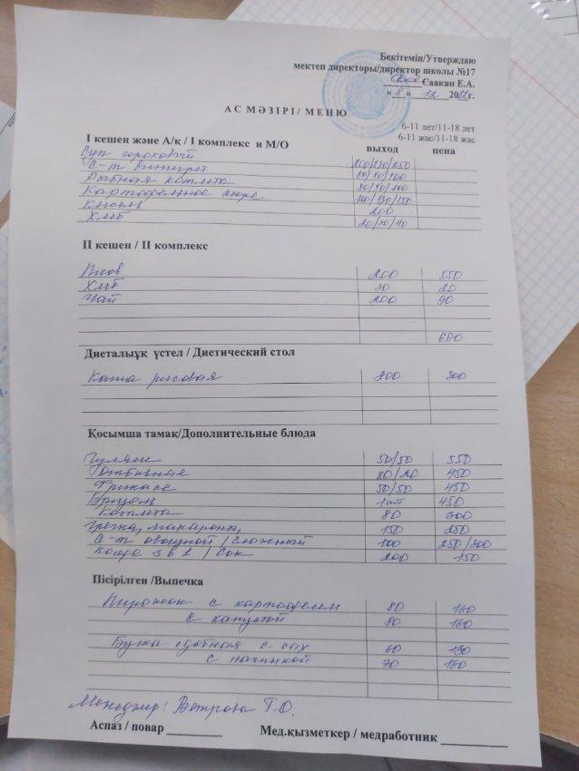 8 желтоқсанға арналған ас мәзірі \ Меню на 8 декабря
